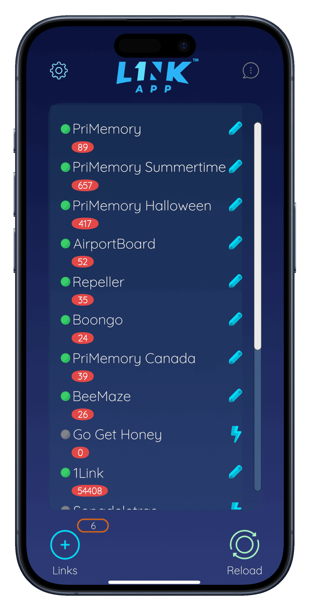 1Link app showing live engagement counts across active campaigns
