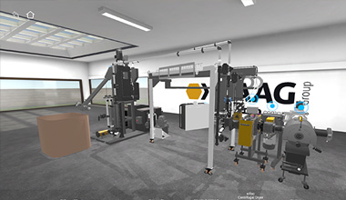 Interactive 3D walkthrough of a pelletizing and centrifugal drying line inside a plant room