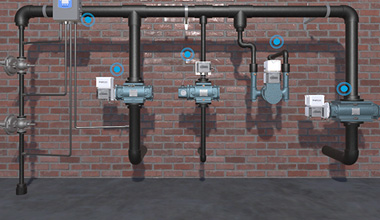 Interactive 3D model of a wall-mounted rotary gas meter and regulator assembly with clickable components
