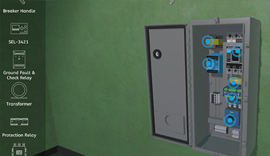 Interactive 3D model of a switchgear cabinet interior with protection relay, transformer and ground fault relay called out